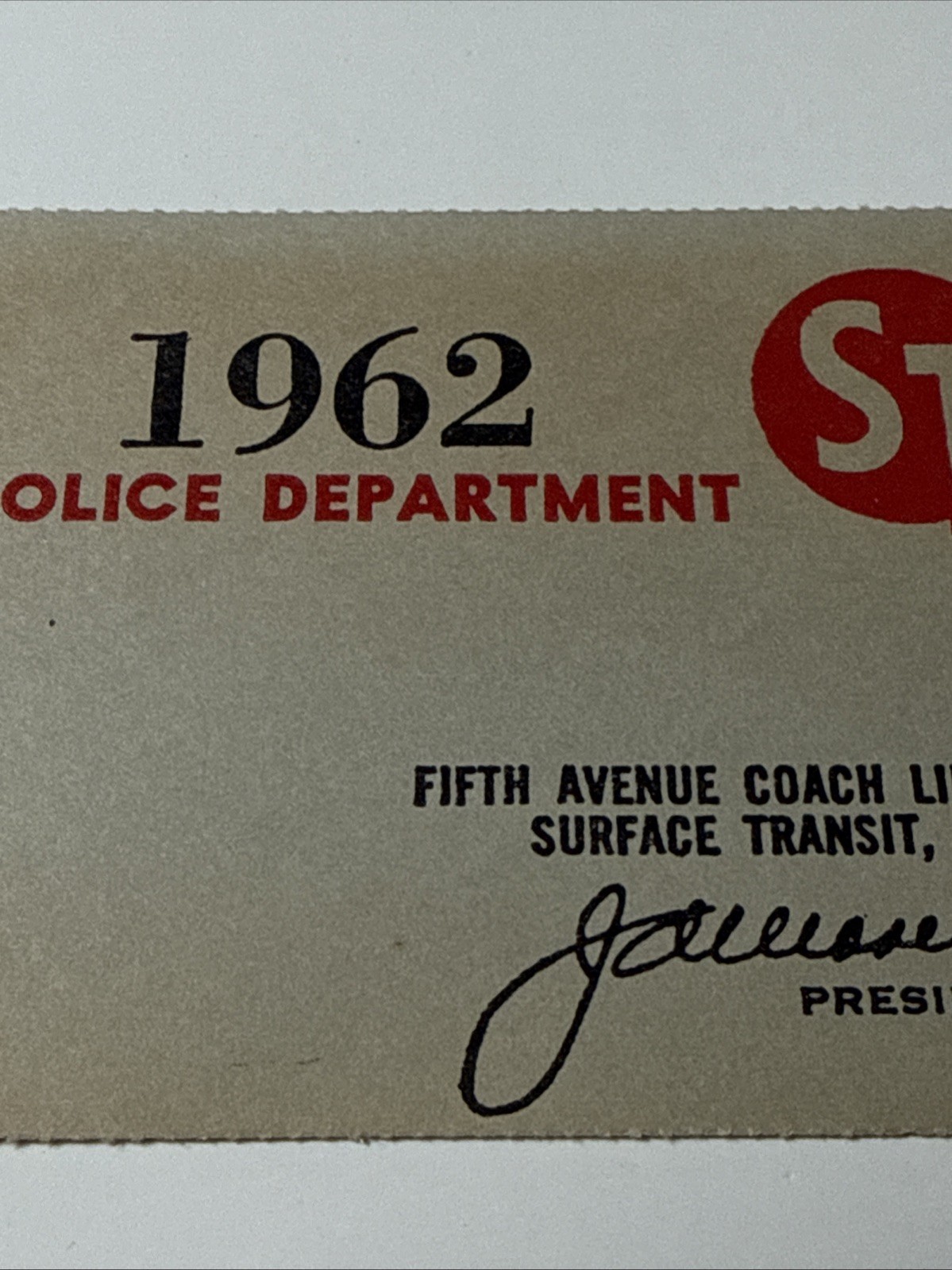 1962 NYC New York Fifth Avenue Coach Lines Police Dept Bus Transit Pass Card Vtg