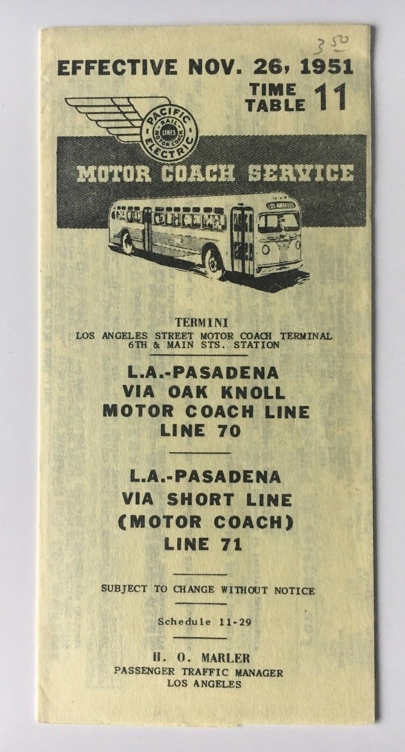 Vintage 1951 Pacific Electric Motor Coach Timetable 11 Lines 70/71 LA-Pasadena