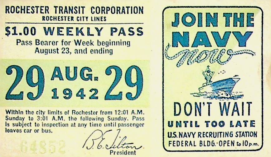 Rochester City Trolley & Bus Lines Pass August 29 1942 Join the Navy WWII