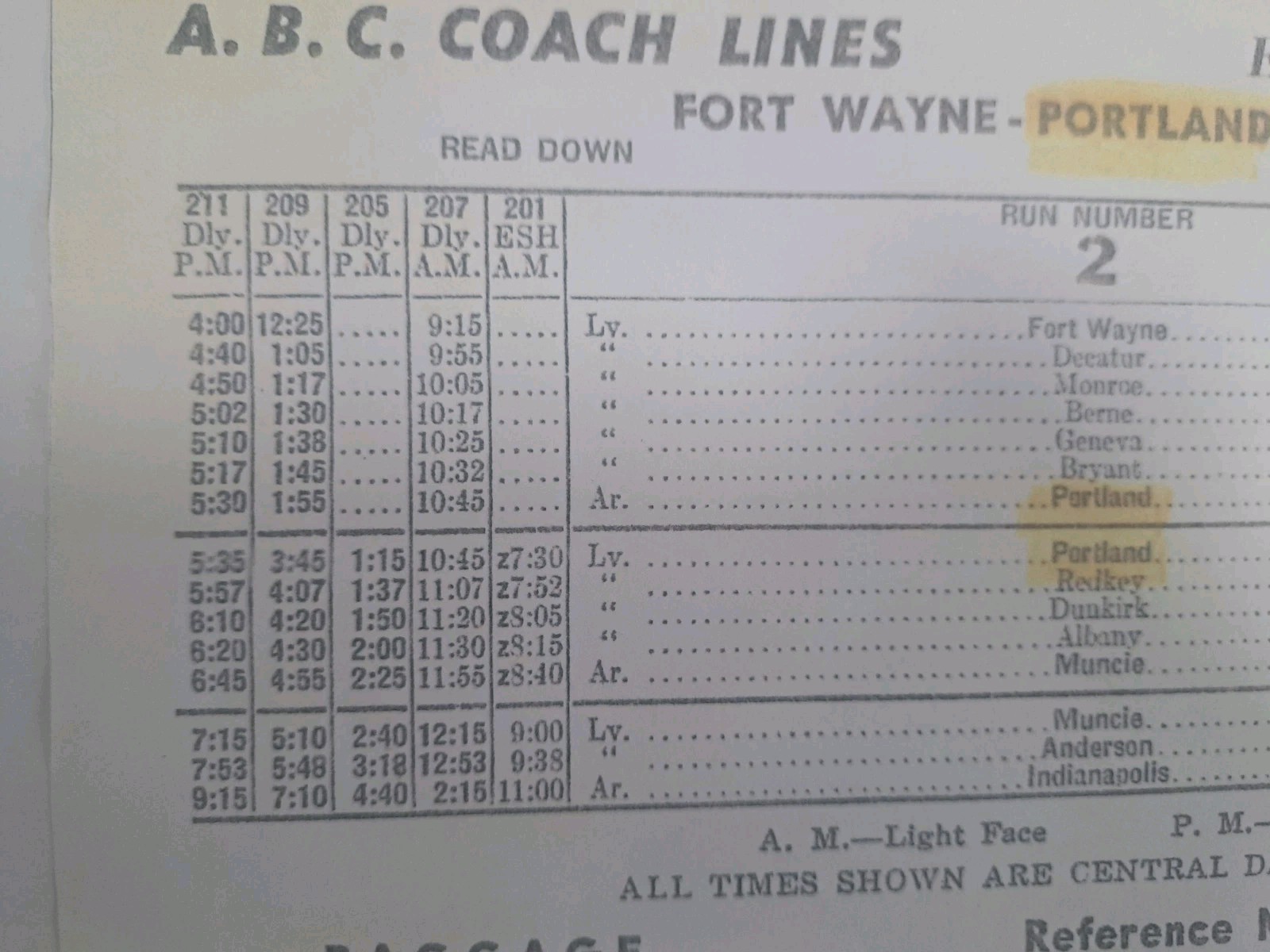 ABC COACH LINES BUS SCHEDULE 1949 – FORT WAYNE, IN 12″x18″ Framable Collectible