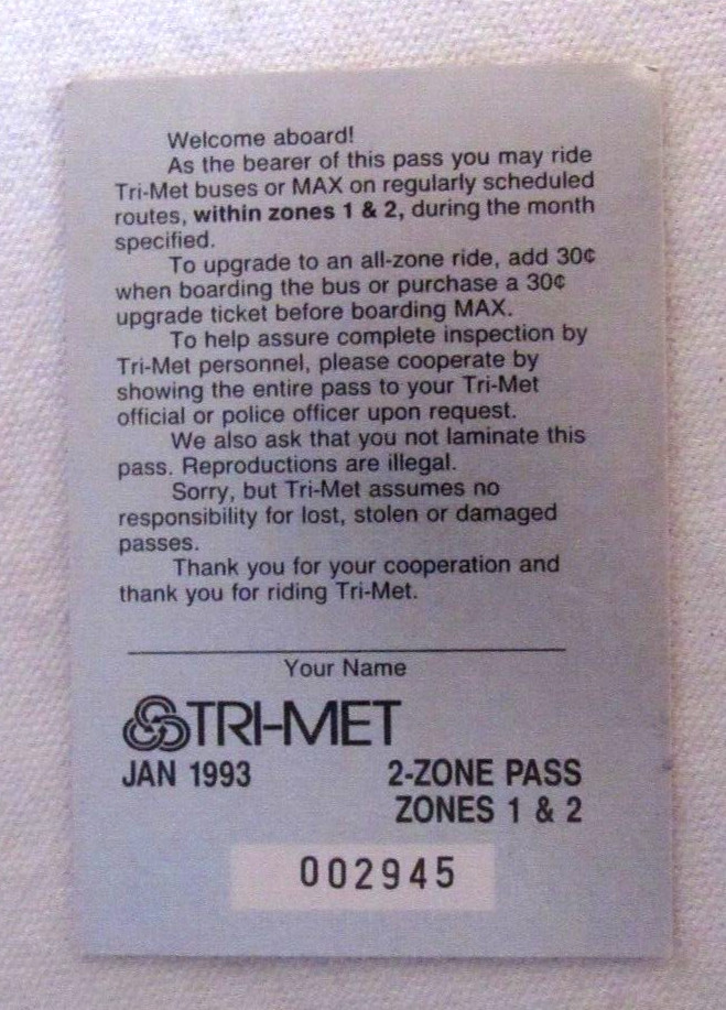 Vintage Tri-Met Bus & Max Light Rail Jan. 1993 Monthly Pass Portland Oregon OR