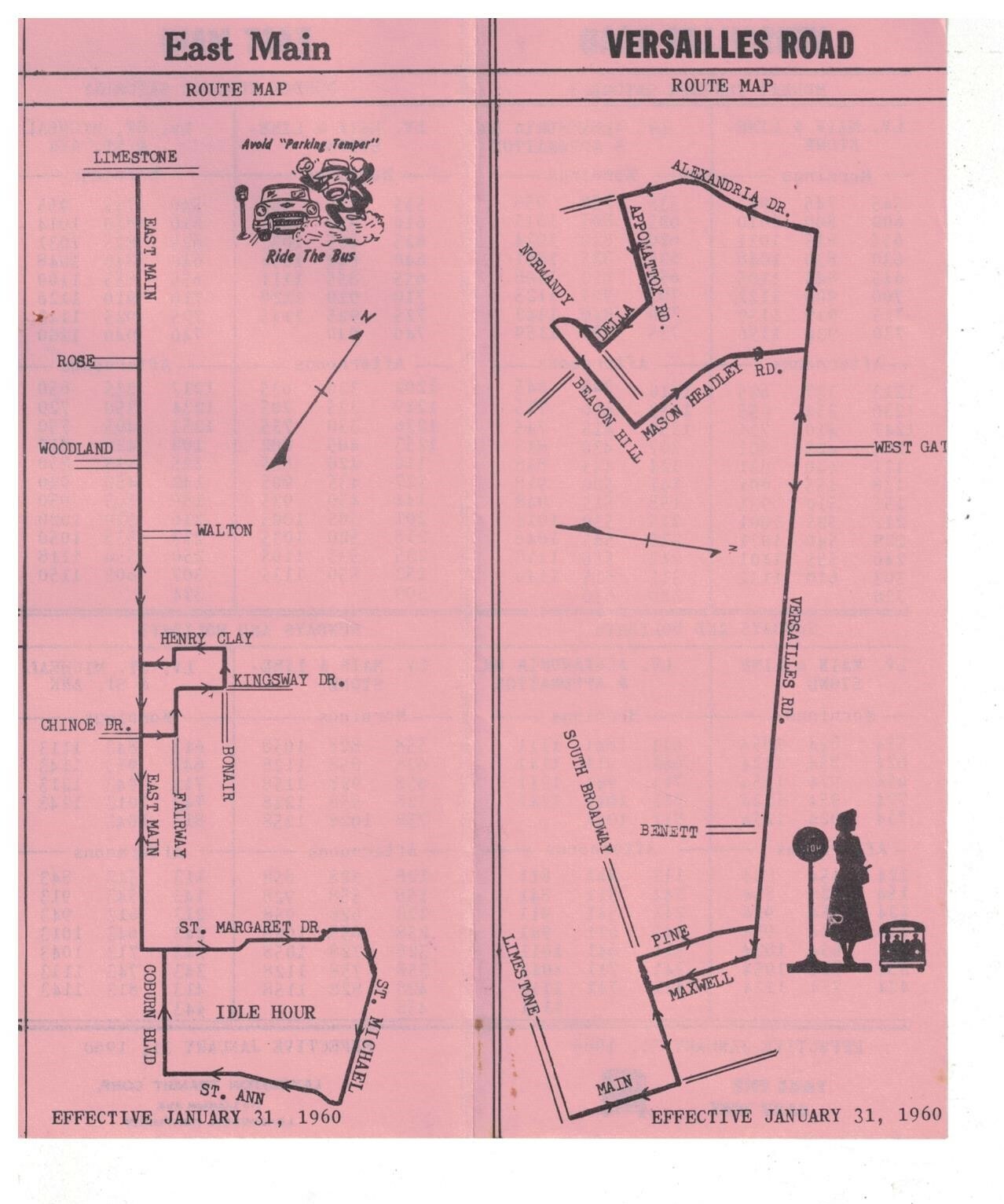 1960 Lexington KY Bus Schedule and Route Map Versailles Rd