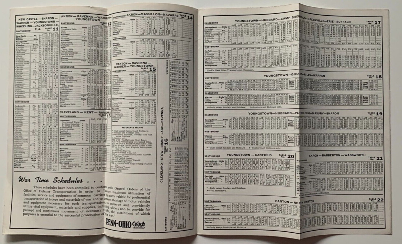 Vintage 1943 Penn-Ohio Coach Lines Timetable Brochure Bus Motor Pennsylvania WW2