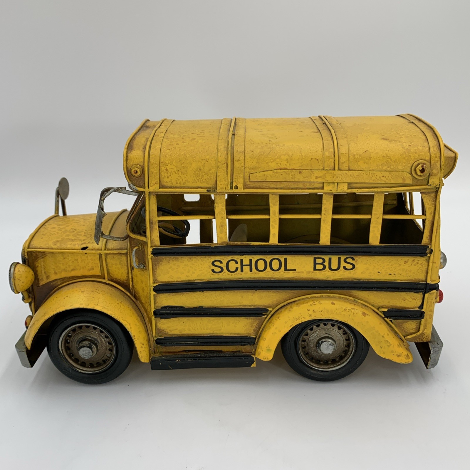 Vintage Style Yellow Metal School Bus Model Rustic Decor Worn Finish Free Ship