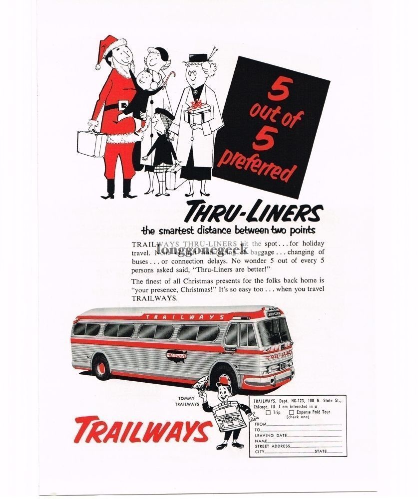 1953 Trailways Bus Thru-Liners Tommy Santa Claus 5 out of 5 art Vintage Print Ad