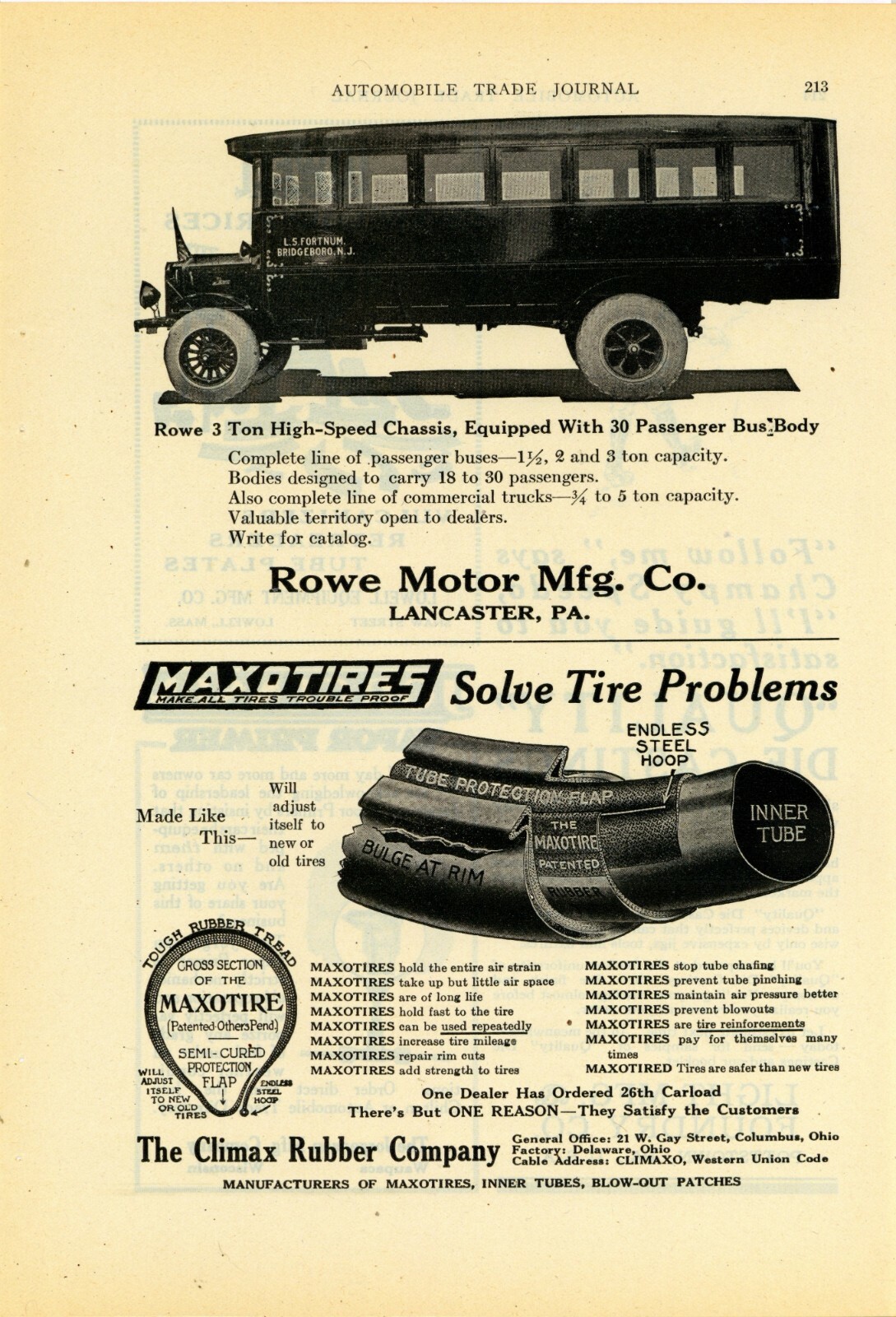 1922 Row Motor Mfg. Co. Ad: 3 Ton Chassis 30 Passenger Bus Body. Lancaster, PA