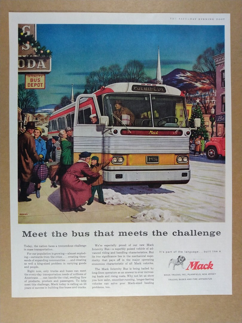 1958 Mack Inter-City Bus color illustration art vintage print Ad