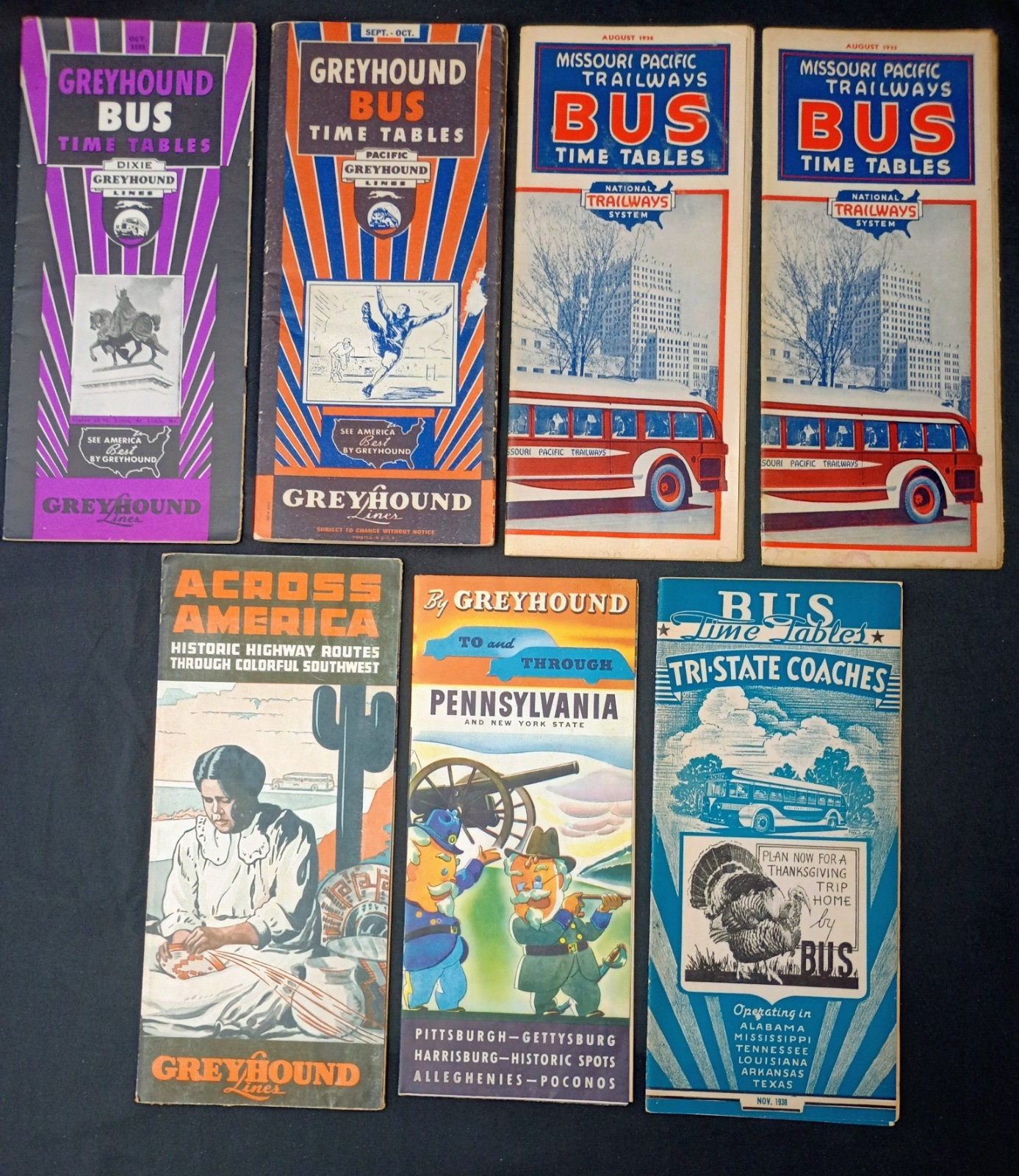 LOT OF 7 1930’s GREYHOUND LINES – TRAILWAYS – TRI-STATE BUS TIMETABLES SOUTHWEST