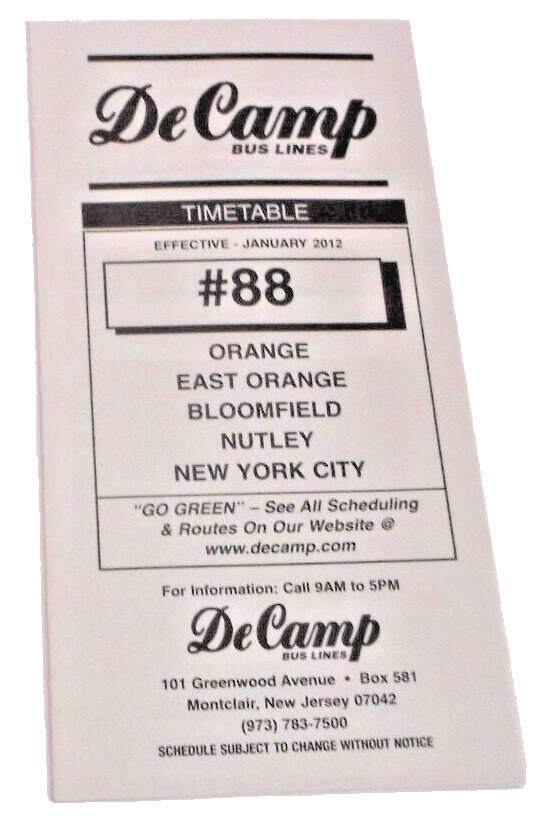 JANUARY 2012 DECAMP BUS LINES #88 ORANGE NEW JERSEY PUBLIC TIMETABLE