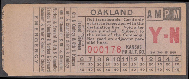 Kansas Power & Light bus transfer Oakland: Topeka KS ca 1950s 1938