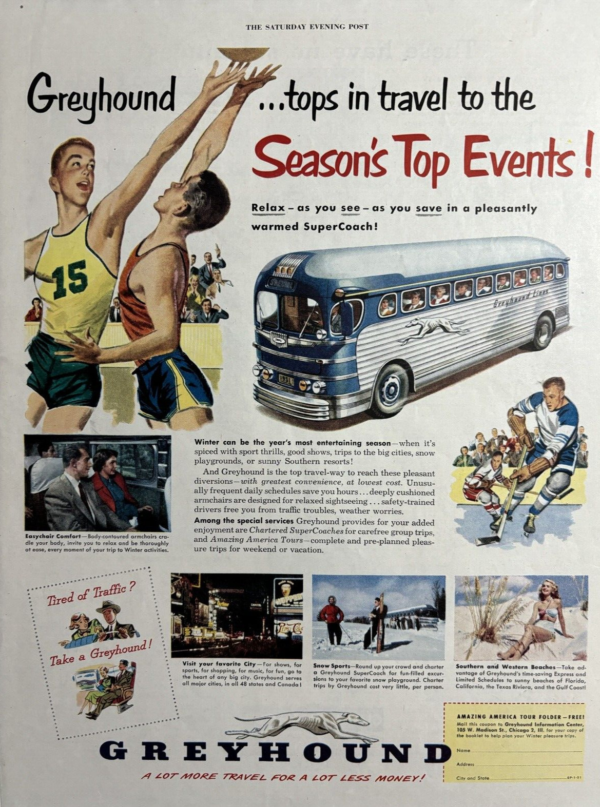 1951 Greyhound Bus Travel Seasons Top Evens Sports Winter Coach VTG Print Ad