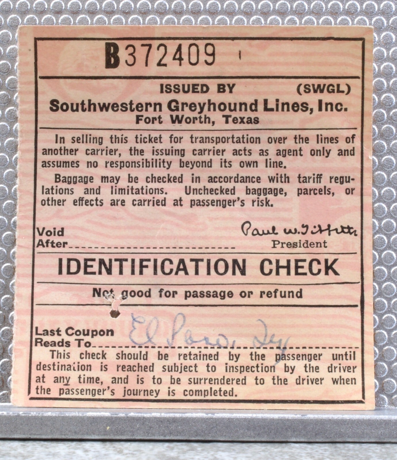 Vintage Baggage Ticket Southwestern Greyhound Bus Lines Luggage Receipt 1943