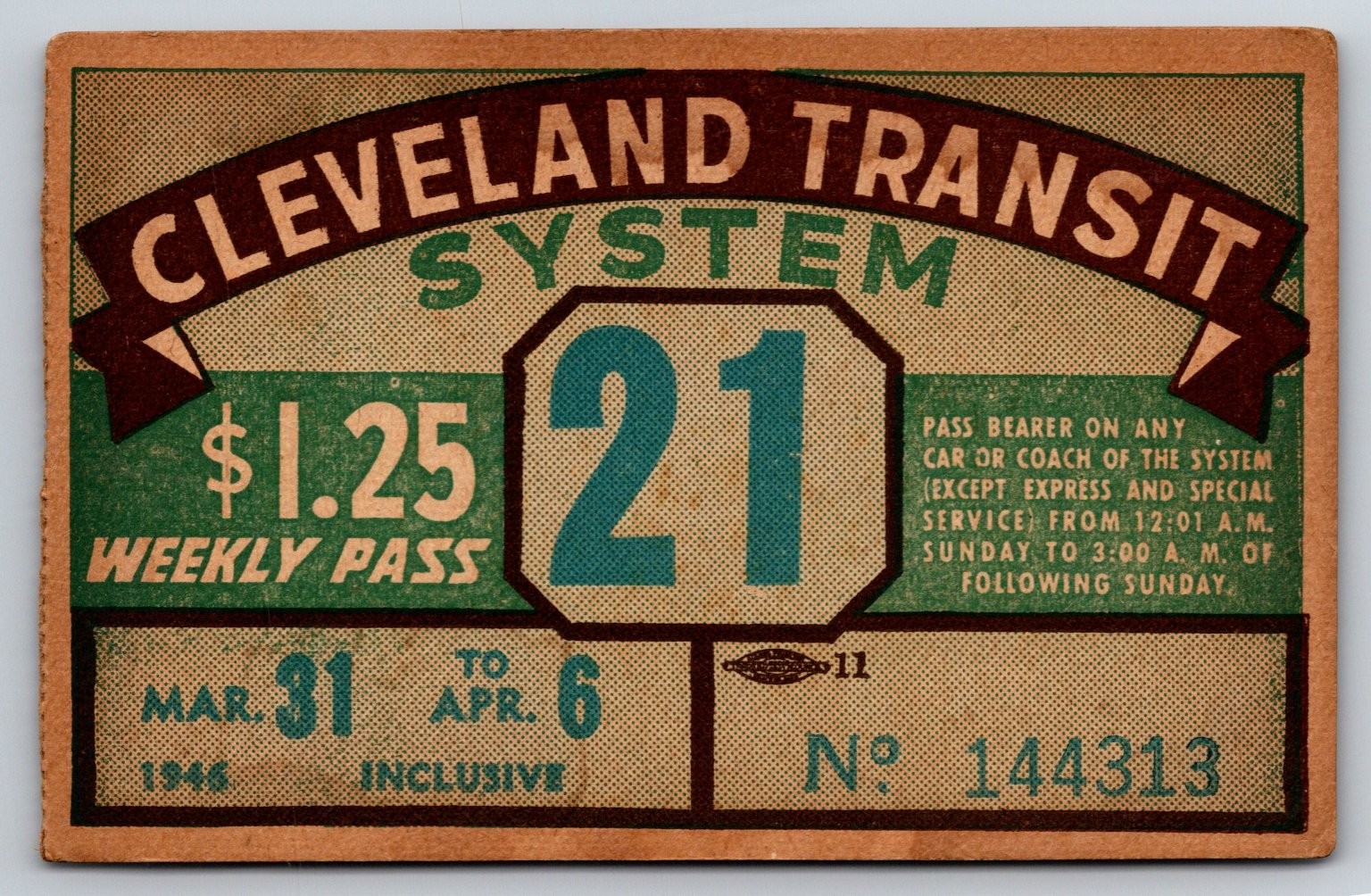 Cleveland Transit System 1946 Weekly Pass Vintage Ticket (#57)