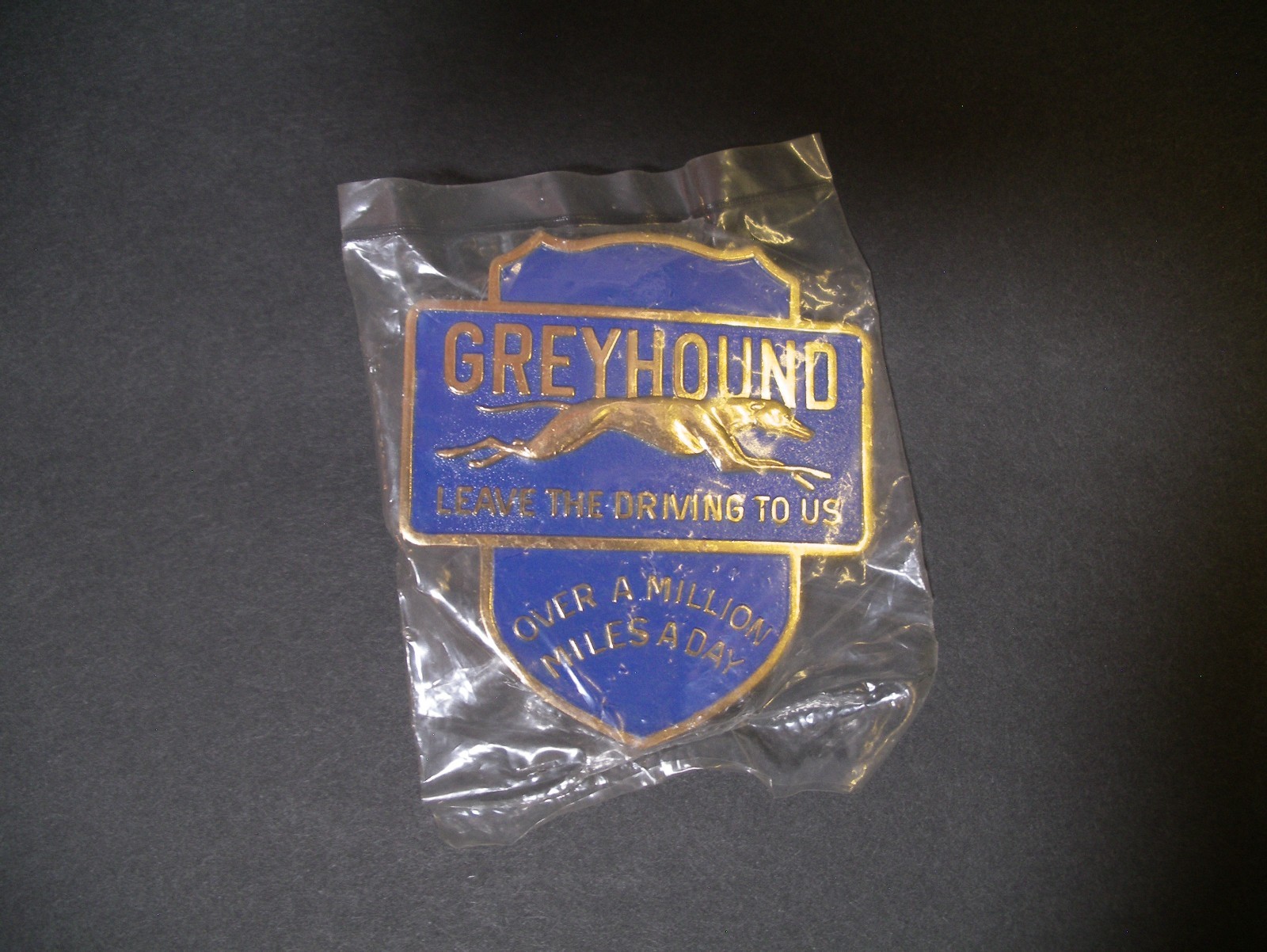 Vintage Greyhound Bus Driver Hat Badge, Polished Gold Brass/Blue Background New