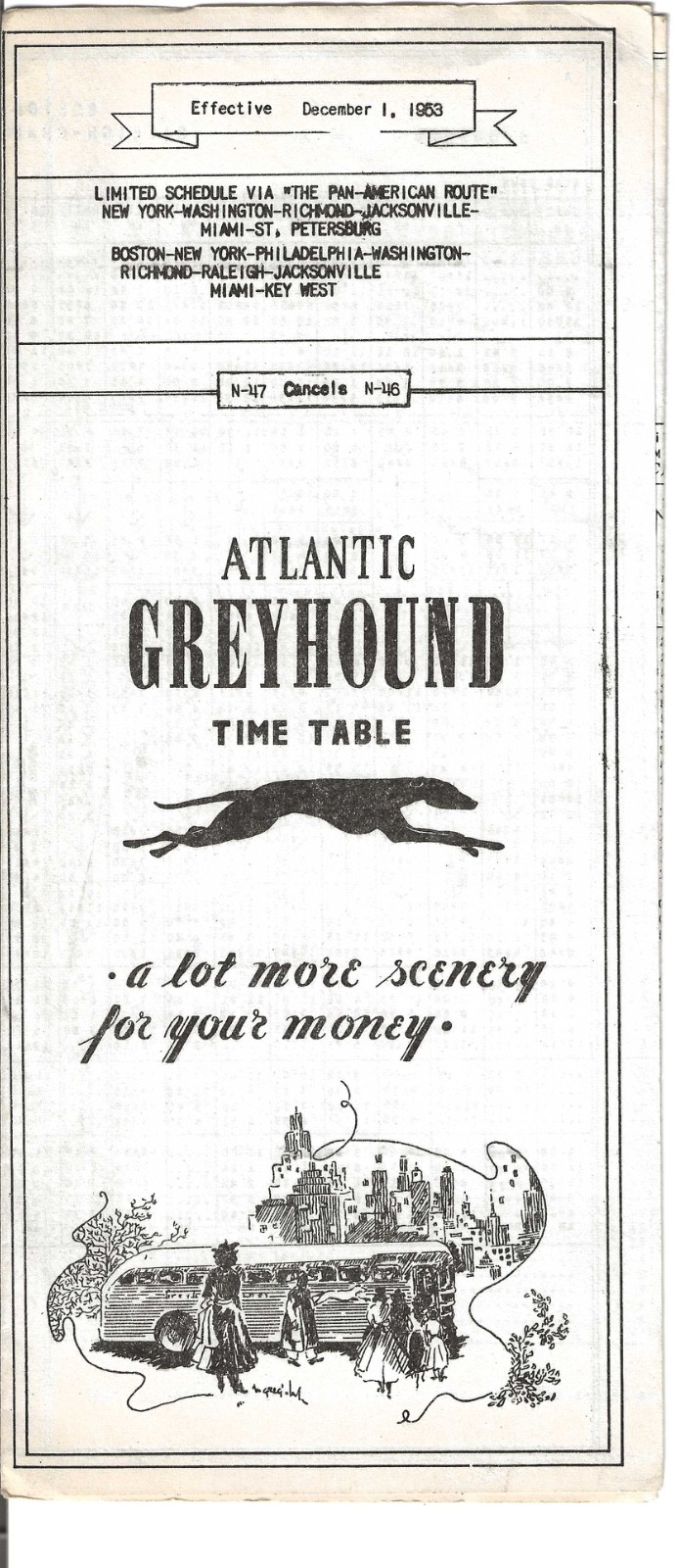 Vintage December 1, 1953 Atlantic Greyhound Bus Time Table Pan American Route
