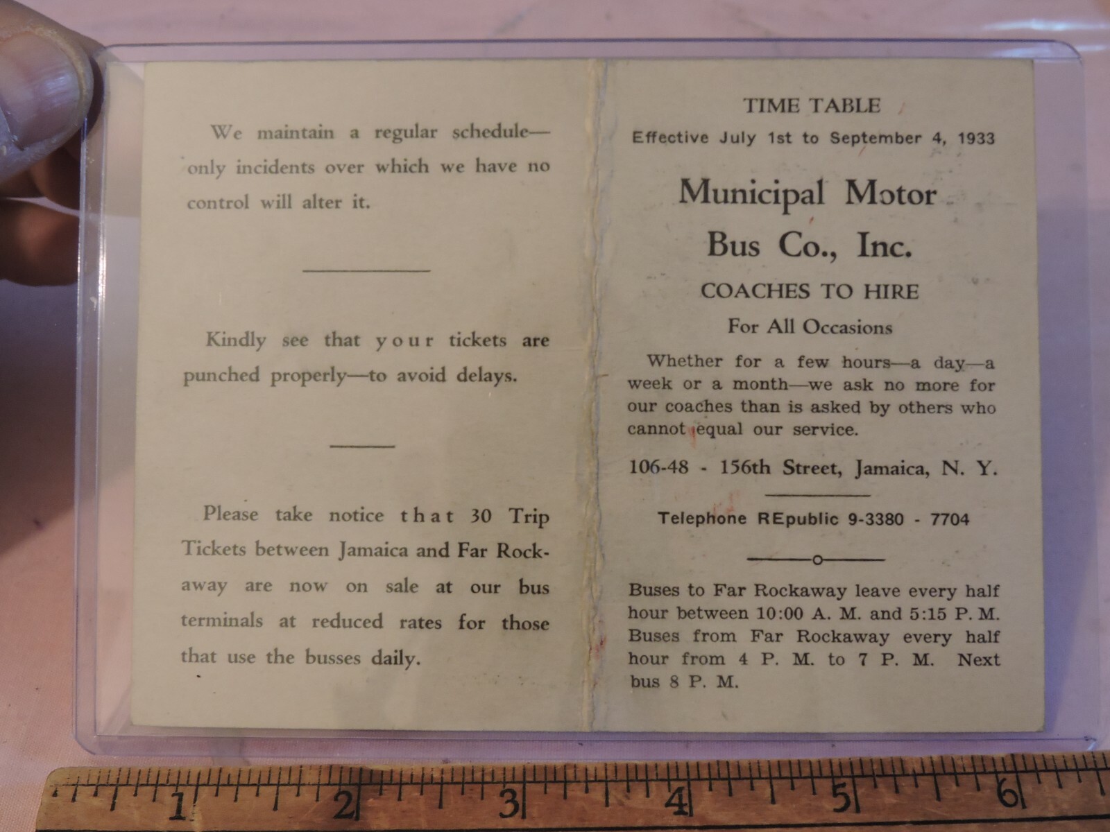 1933 Municipal Motor Bus Co. NYC Long Beach Jamaica Rockaway Schedule Timetable