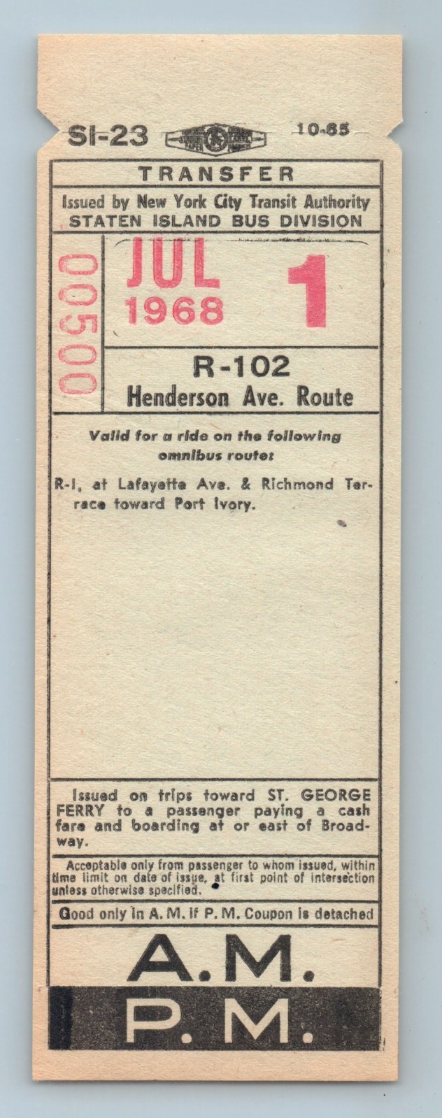 Bus Ticket NYCTA Staten Island R-102 Henderson Ave Route Jul 1 1968 SI-23