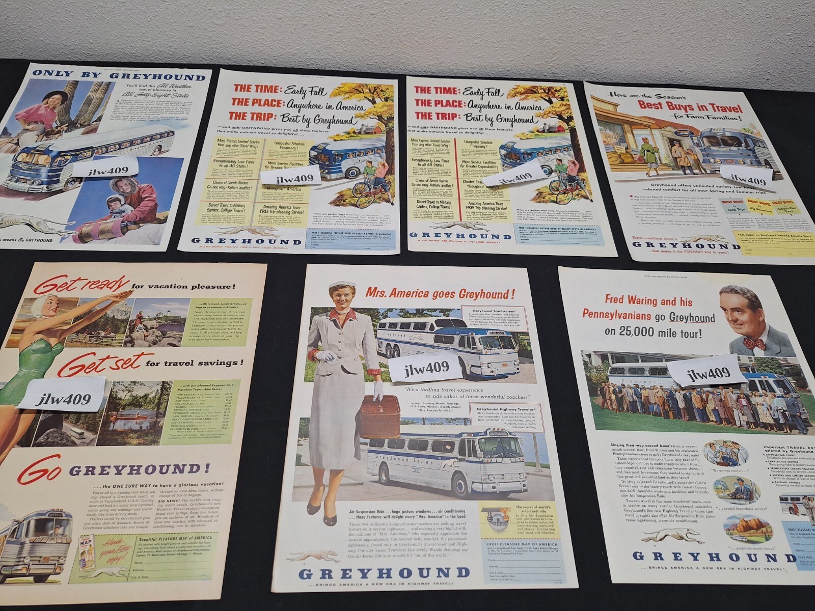 7 Vintage 1947 1951 1952 1953 1954 1955 GREYHOUND BUS ADS Original Print Ad