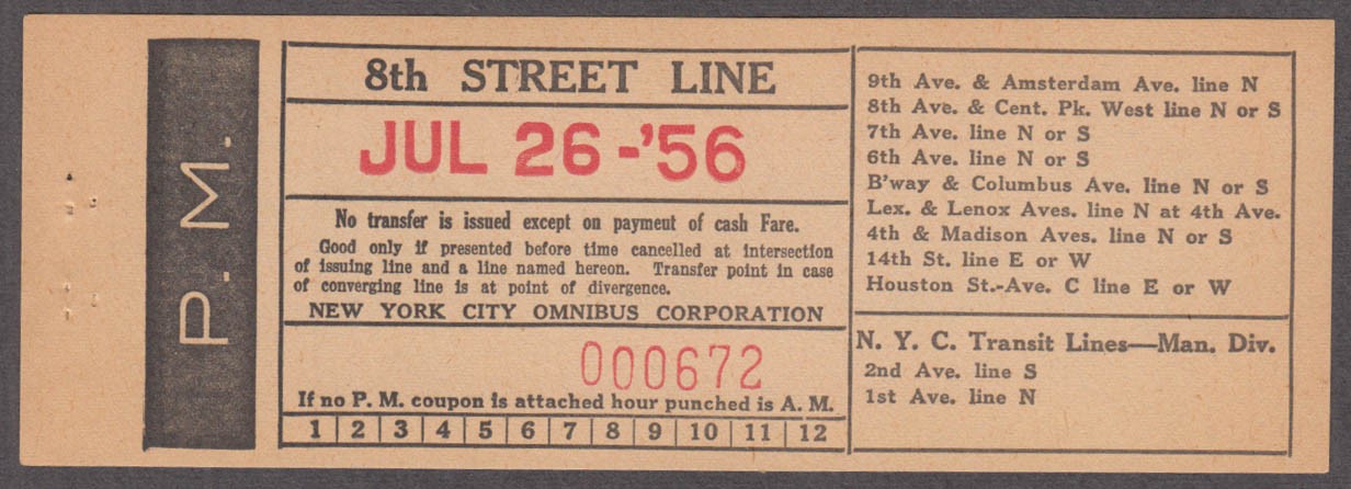 New York City Omnibus Corp 8th Street Line bus transfer 7/26 1956