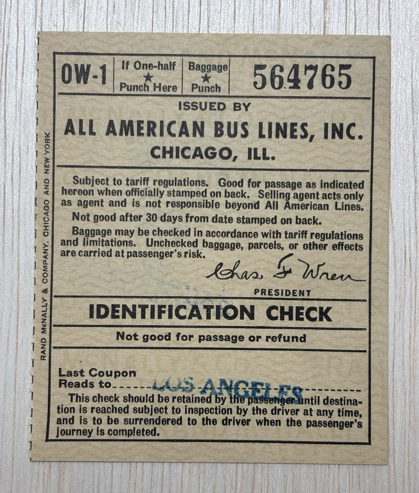 VINTAGE BUS TICKET: 1945 ALL AMERICAN BUS LINES – Chicago to Los Angeles CA