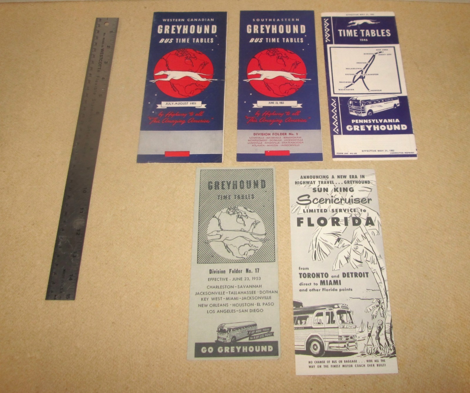 Five Vintage Greyhound Bus Timetables – West Canada, South U.S.A, Penn, Florida
