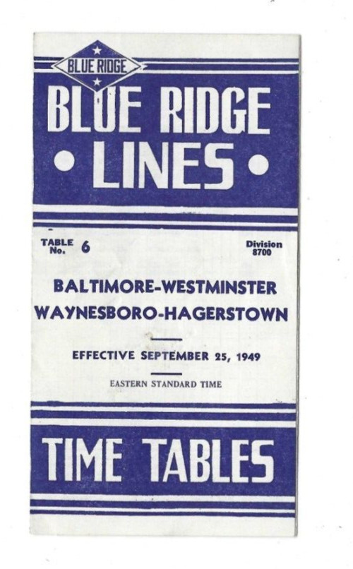 1949 Time Table Blue Ridge Lines Baltimore Hagerstown MD Bus Motor Coach