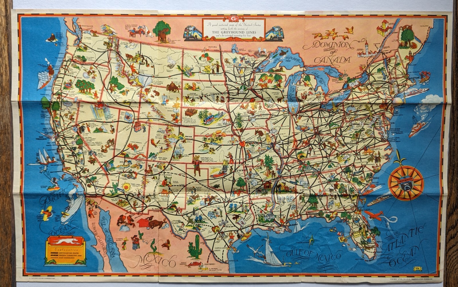 1939 Greyhound Bus Good-Natured Pictorial Map United States