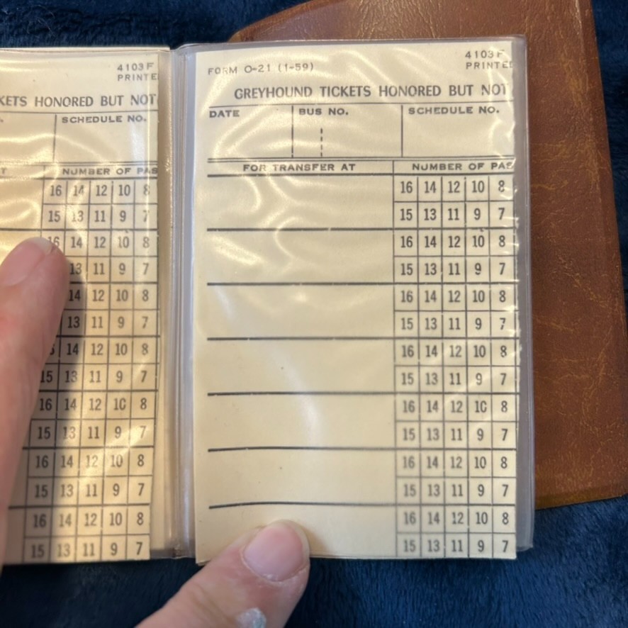 CLEMENTE CAFETERIA Plastic Fold-Out Wallet With GREYHOUND Bus Ticket Book O-21