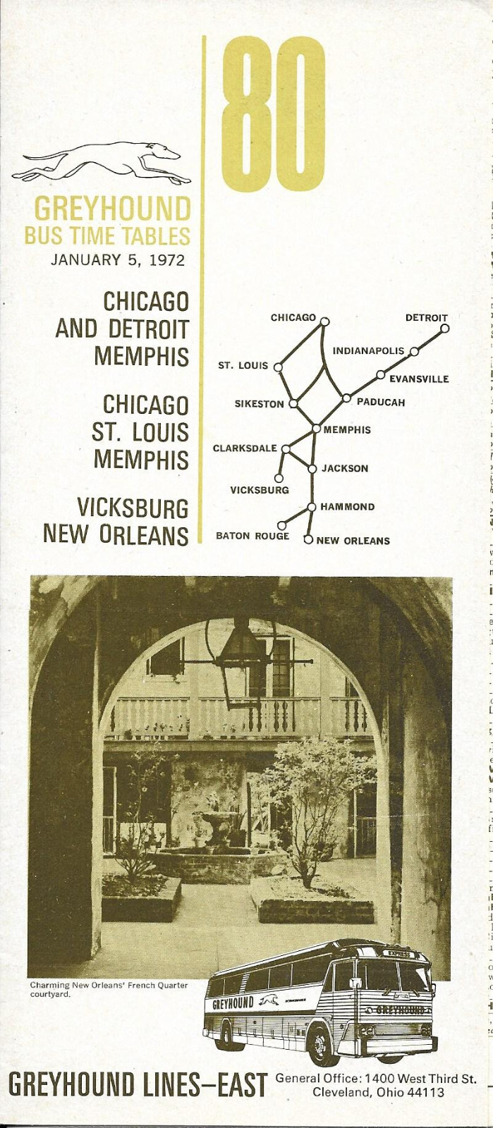 GREYHOUND Bus Schedules # 80. Dated 1-5-1972. See Cover for Various Locations.
