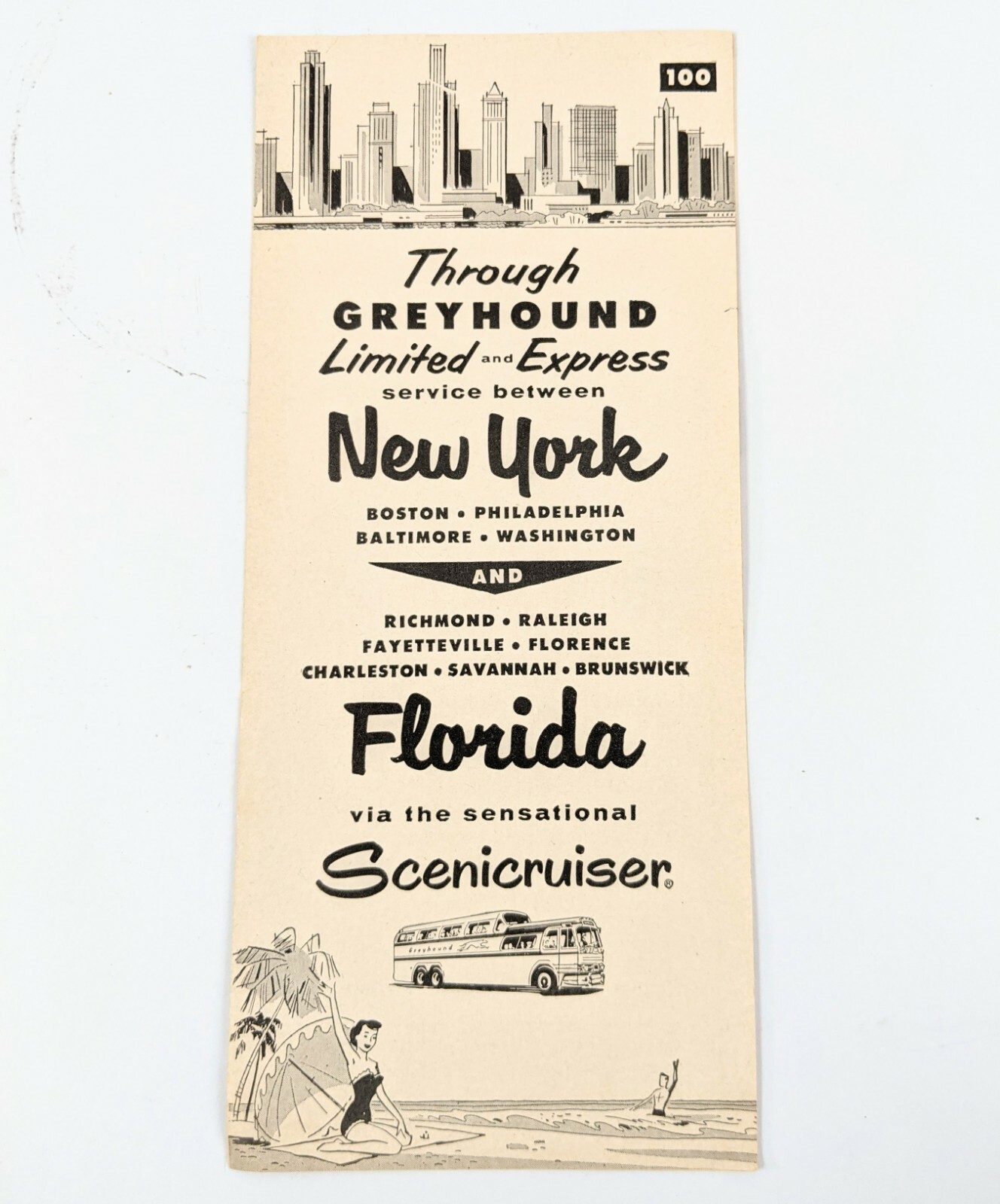 Greyhound Scenicruiser New York Florida 100 Time Table Brochure 1958