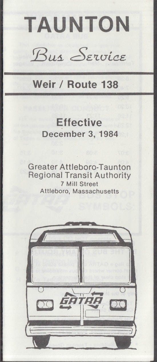 GATRA Taunton MA bus schedule 12/3 1984 Weir / Route 138