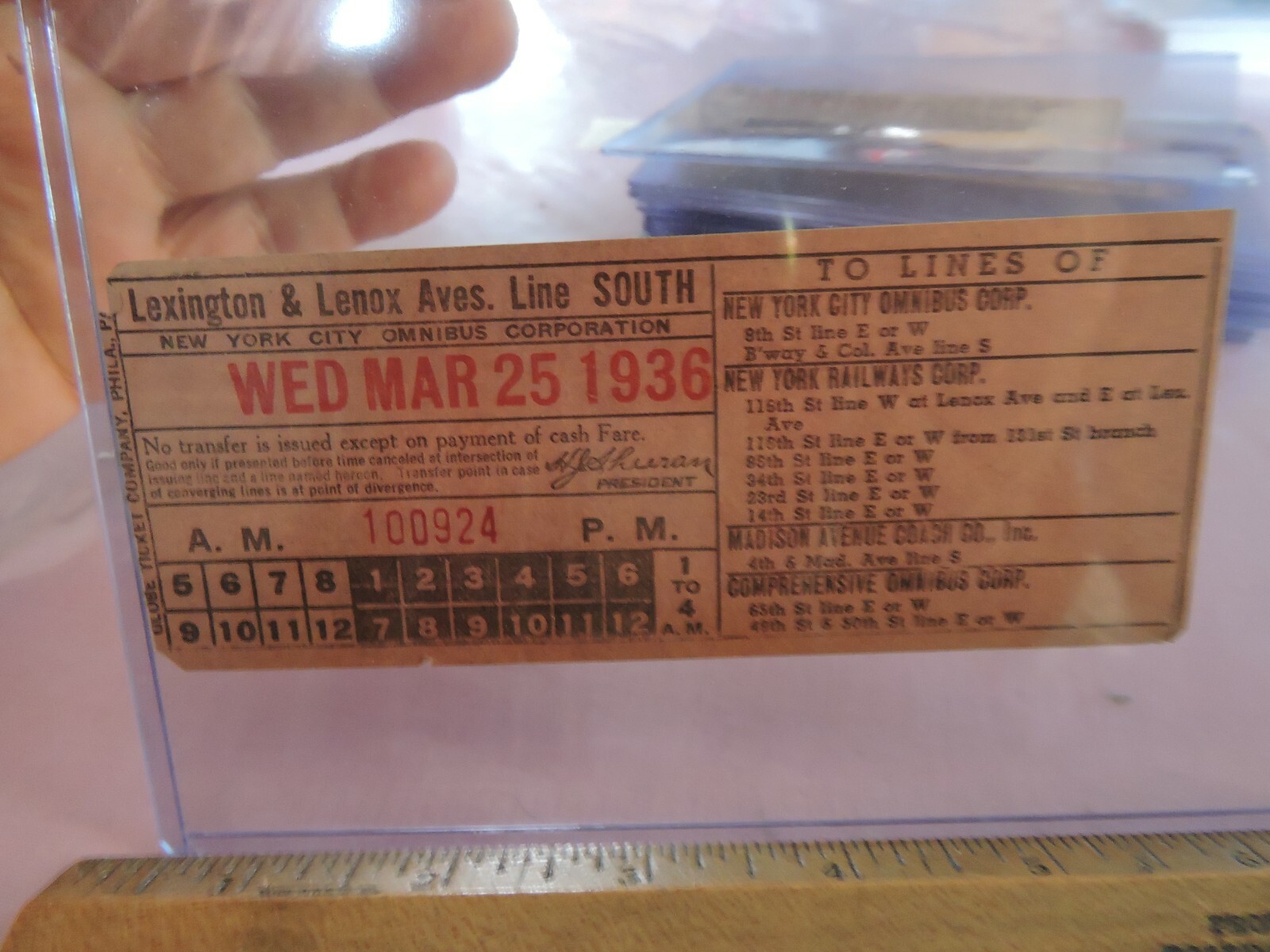 1936 New York City Omnibus Bus Transfer Ticket Lexington & Lenox Aves Lines