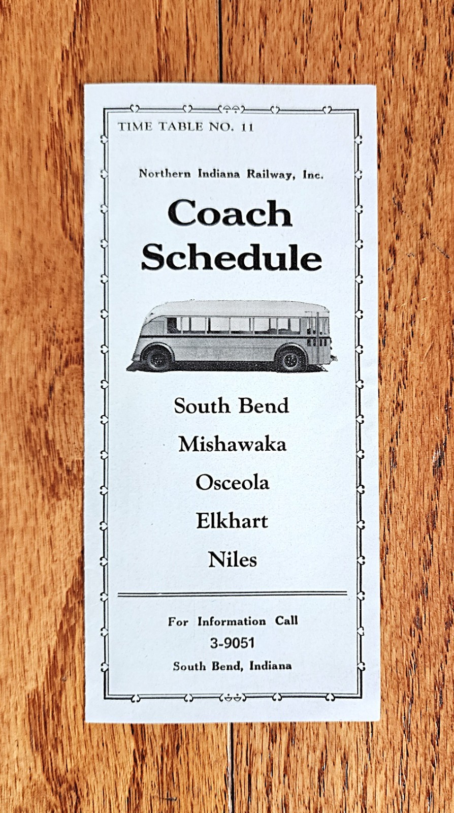 1940 NORTHERN INDIANA RAILWAY INC BUS TIME TABLE SOUTH BEND INDIANA