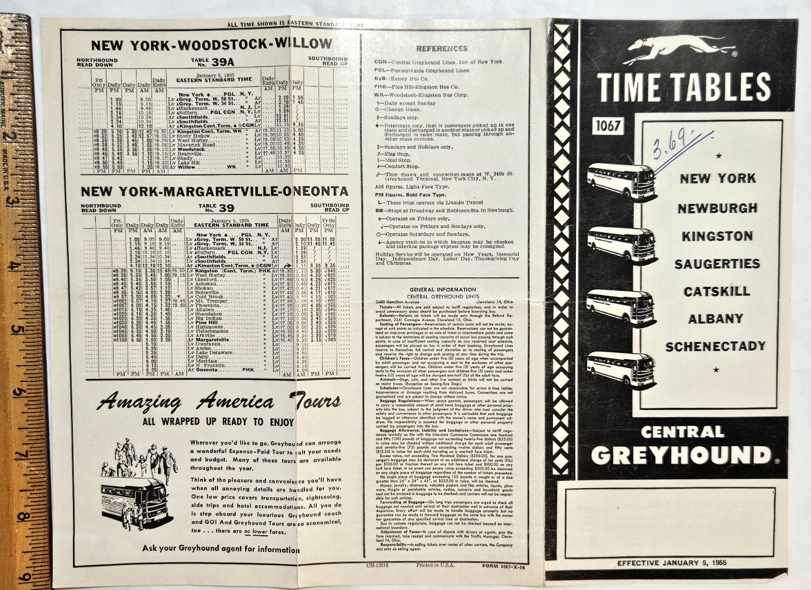 1955 Central Greyhound Time Table NY Albany Schenectady Catskill Kingston Bus