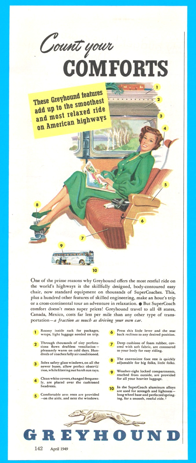 Greyhound Bus travel American highways vacation comfort vintage print ad 1949