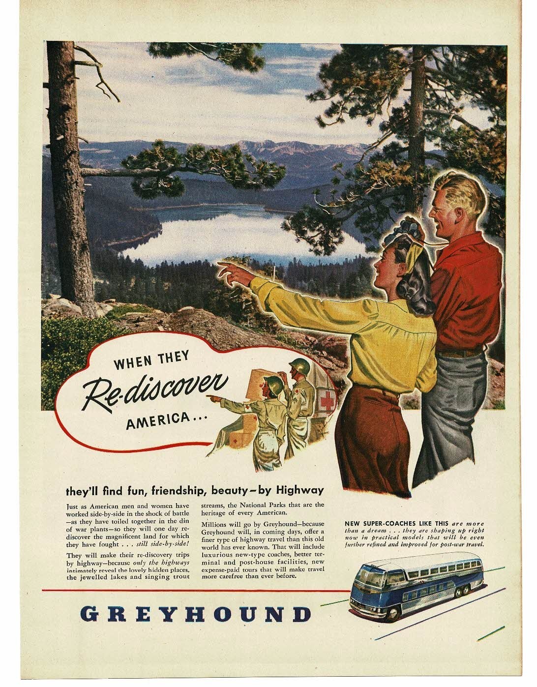 1945 Greyhound Bus Lines re-discover America when they come home WWII Ad