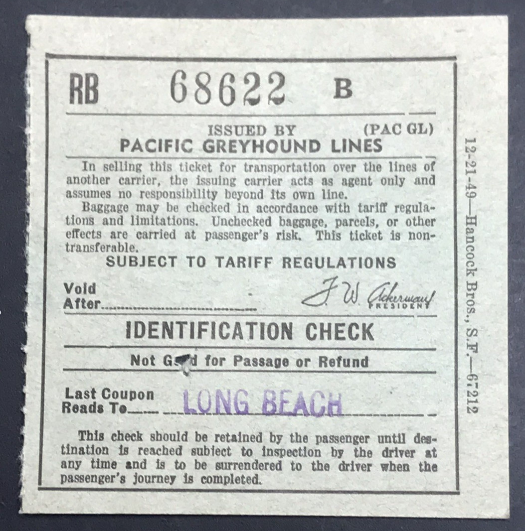 VTG 1950 Pacific Greyhound Lines Ticket Stub Long Beach 3×3