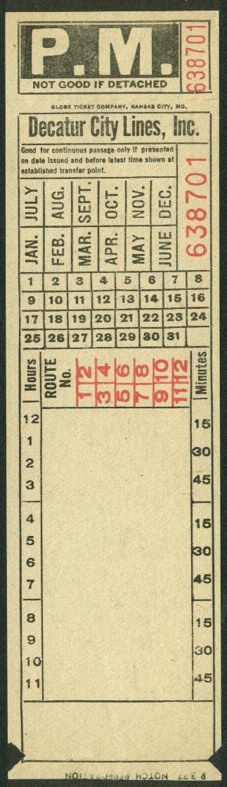 Decatur City Lines bus transfer Decatur IL 1937