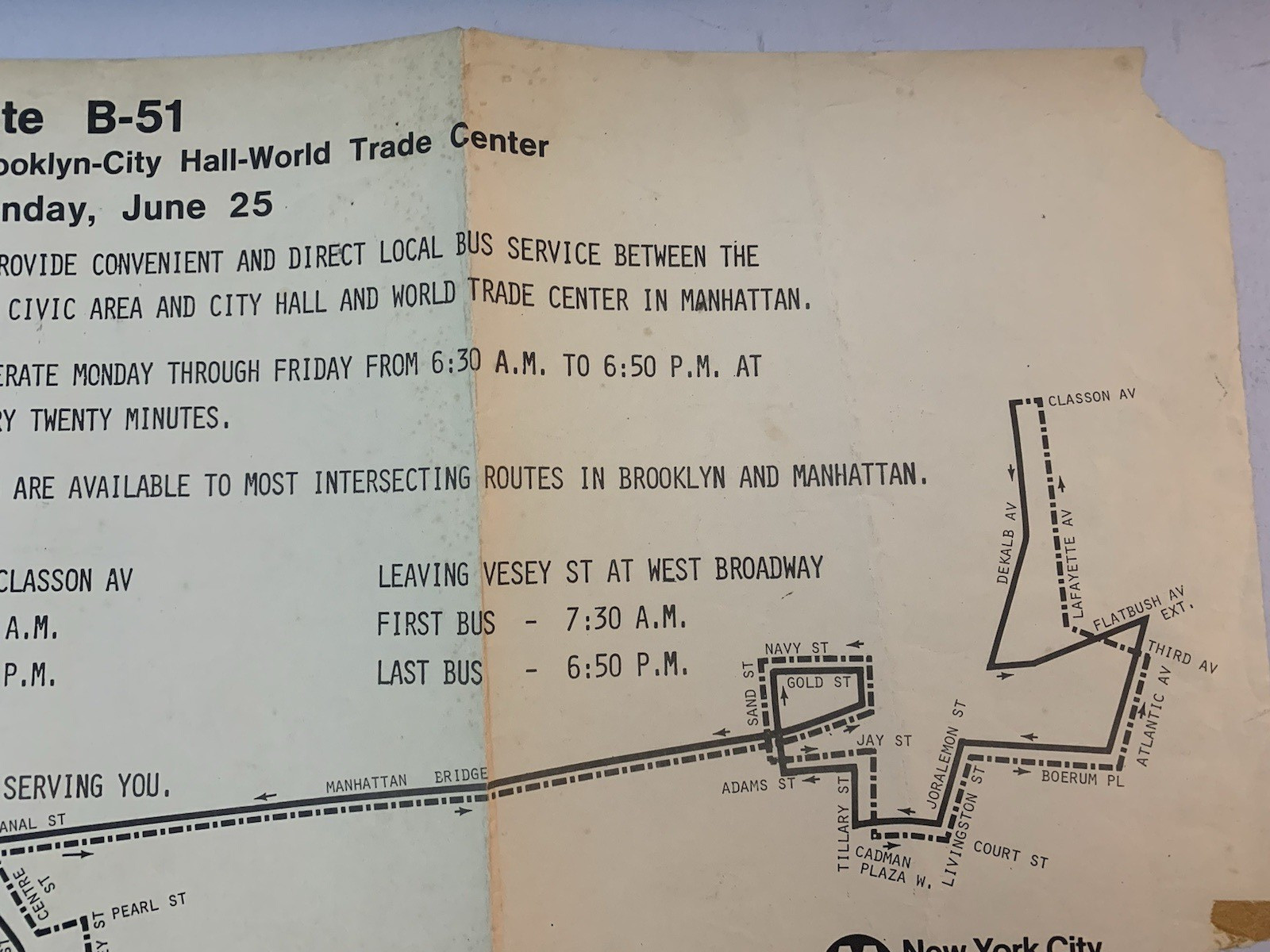 NEW ROUTE B51 DOWNTOWN BROOKLYN CITY HALL WORLD TRADE CENTER MANHATTAN PRIMITIVE