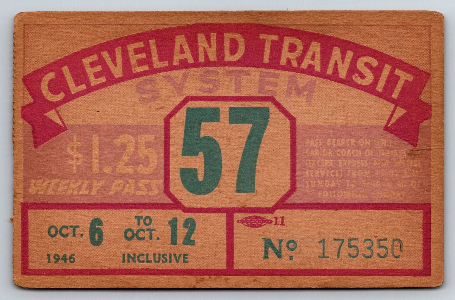 Cleveland Transit System 1946 Weekly Pass Ohio Vintage Design (#49)