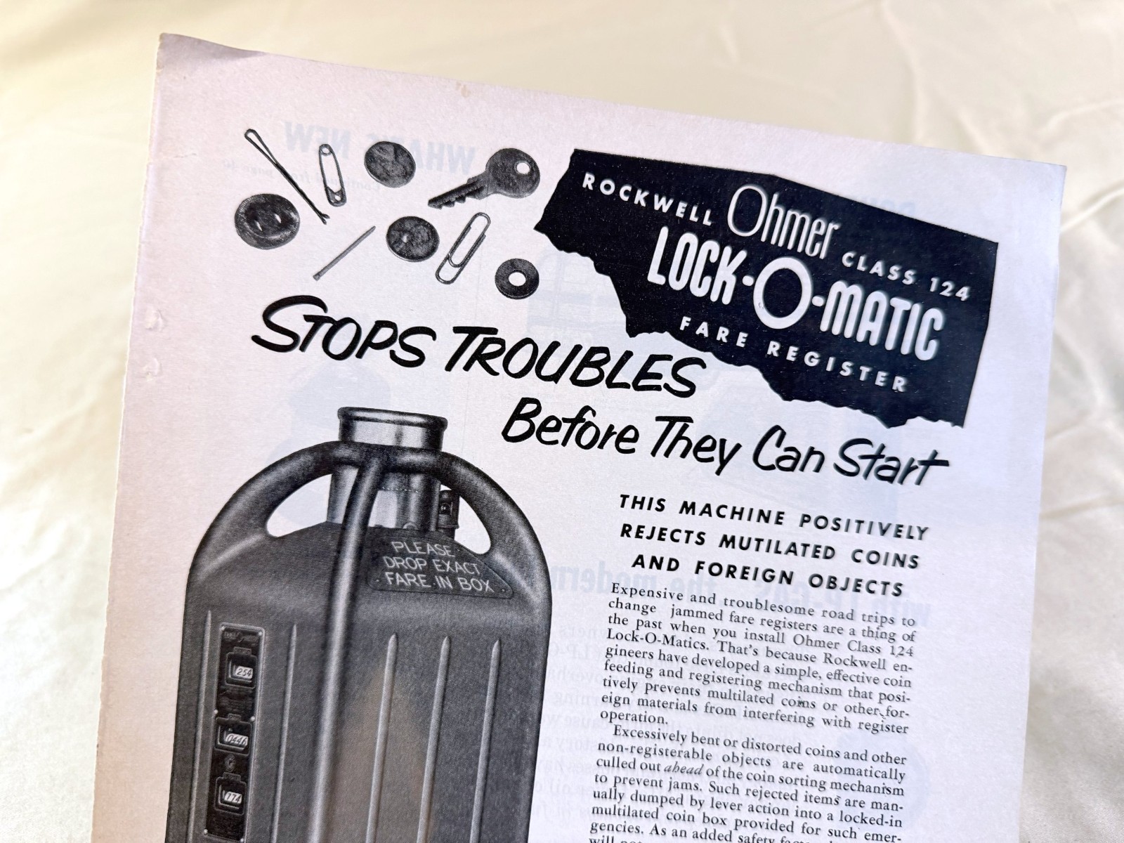 vtg BUS print ad Rockwell Class 124 Ohmer Lock-O-Matic Fare Register 1954 rare