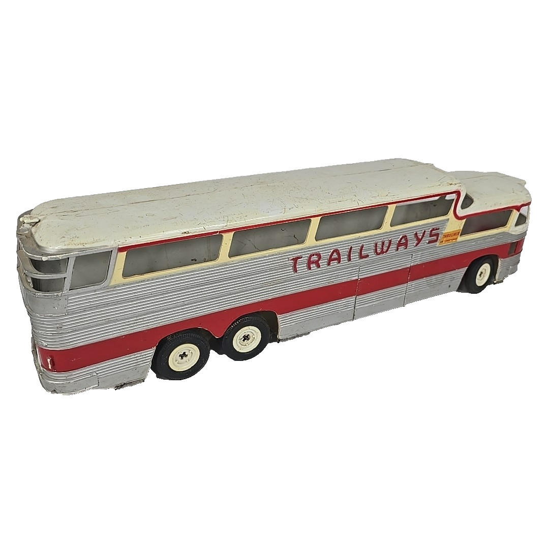 Vintage 1955 Trailways Friction Thruliner Bus Silver and Red 18″
