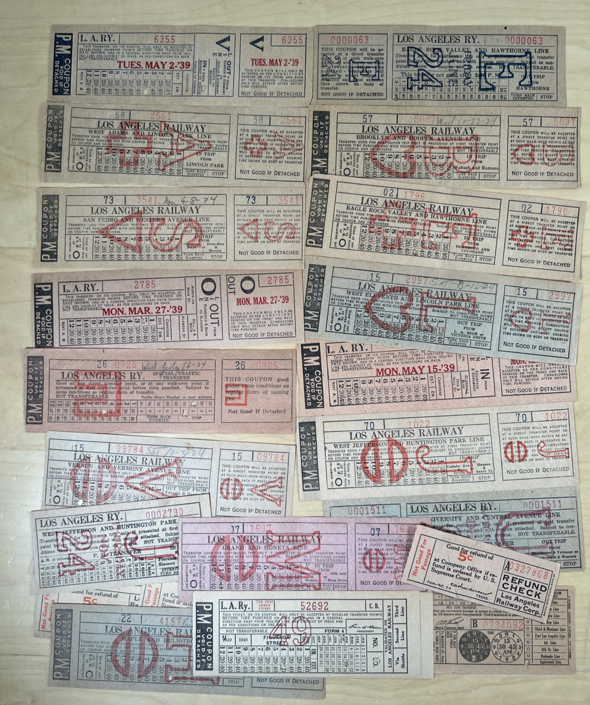 1924 & 1939 Los Angeles Railway & Pacific Electric Railway Co Transfer Tickets