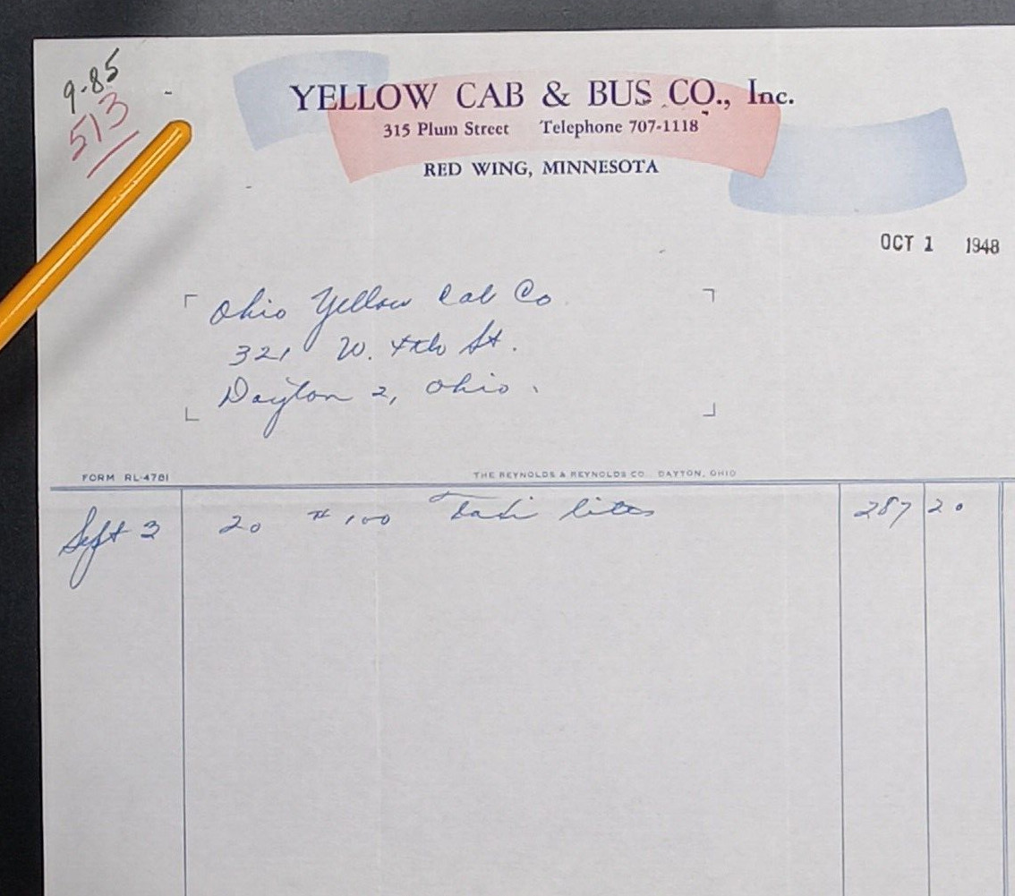 Red Wing Minnesota Yellow Cab Bus Co. Letterhead Bill “Taxi Lites” Vintage 1948