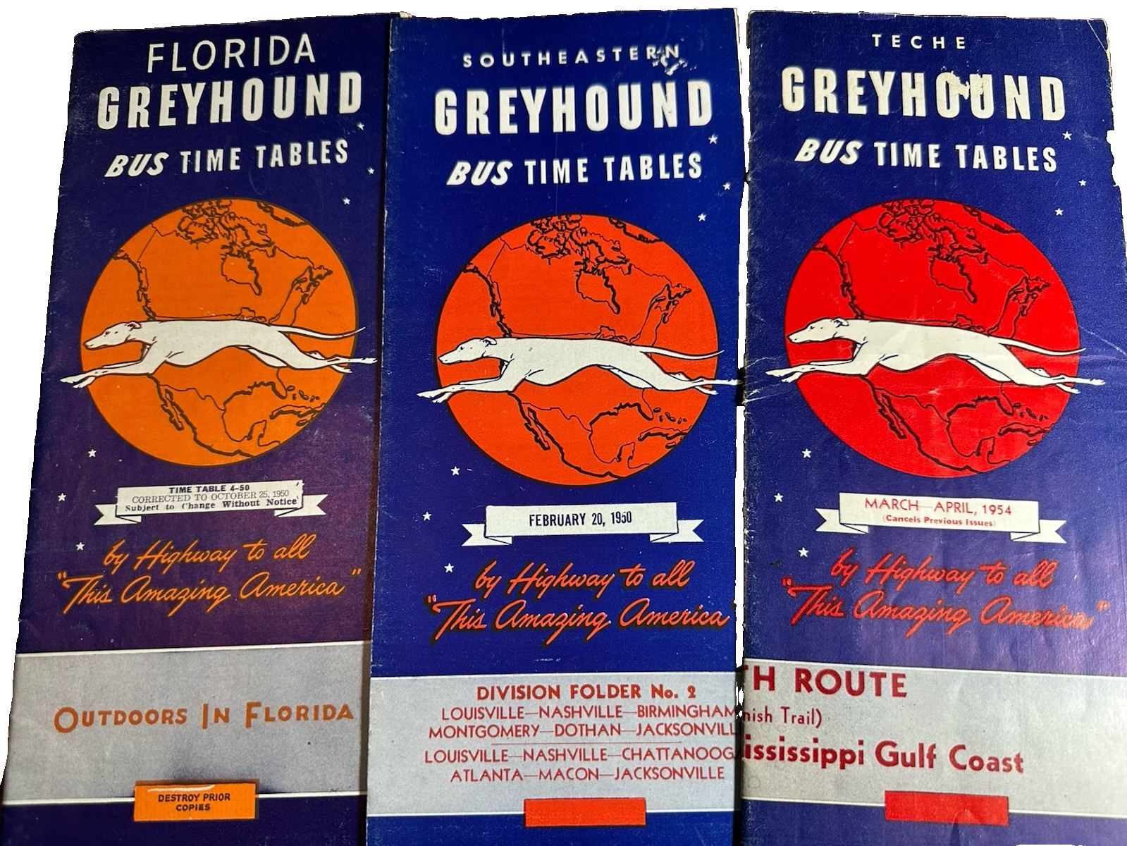 3 Greyhound Bus Time Tables from the 50’s – Southeastern, Florida and Teche