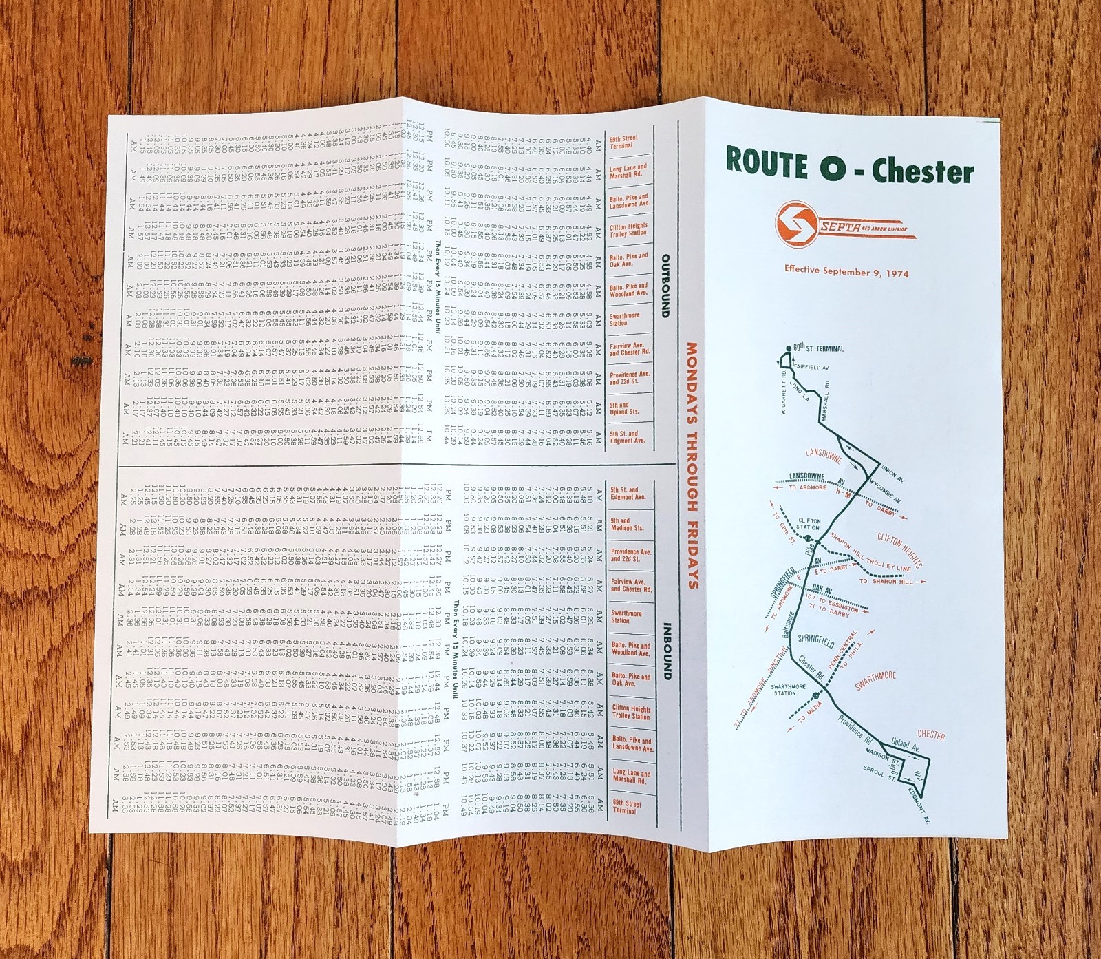 1974 SEPTA BUS TIME TABLE ROUTE O PHILADELPHIA PA