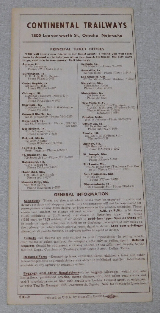 1964 Continental Trailways bus time table Chicago Omaha Kansas City Des Moines