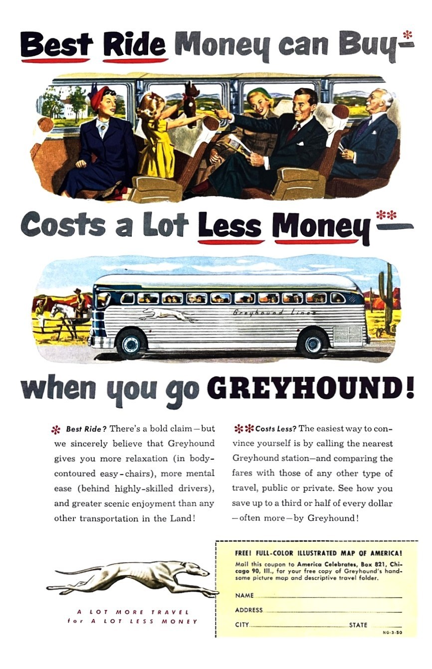 1950 GREYHOUND BUS USA Vintage Print Ad Americana Transportation