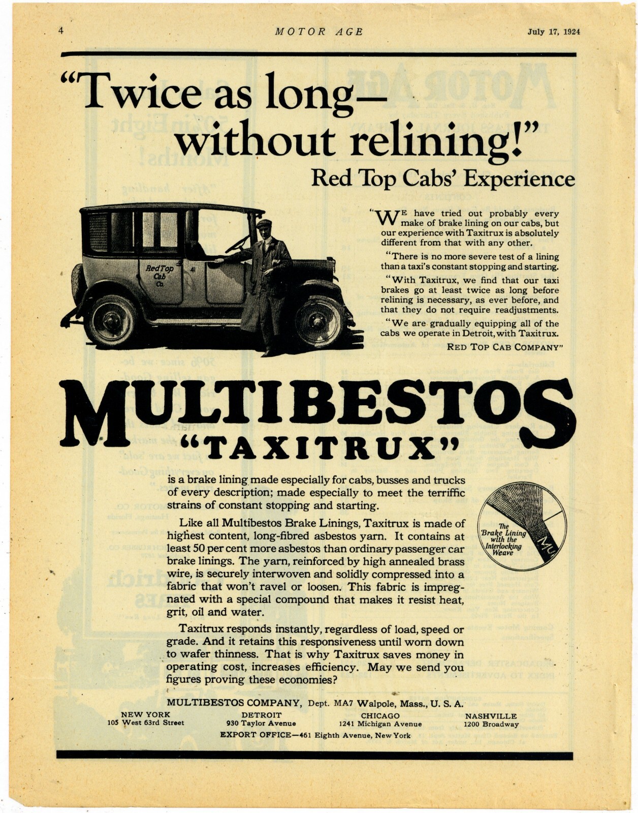 1924 Multibestos Ad: Red Top Cab Co. Brakes for Taxi Cabs – Los Angeles, CA
