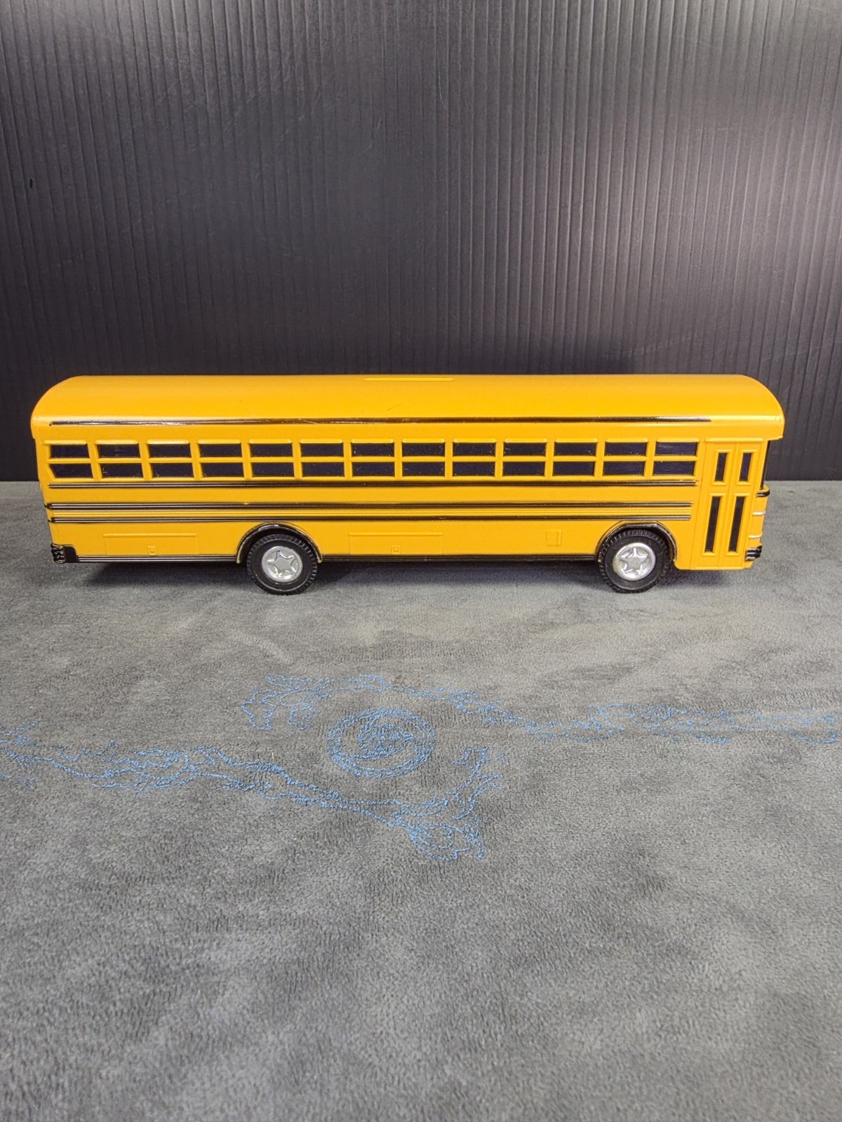 Vtg Yellow Blue Bird School Bus Jimson No. 330 Coin Bank Plastic 10” w/ Plug A-1